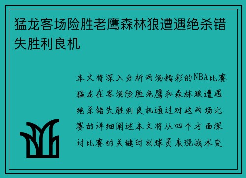 猛龙客场险胜老鹰森林狼遭遇绝杀错失胜利良机