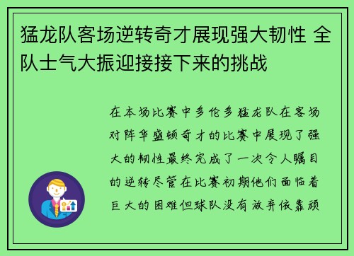 猛龙队客场逆转奇才展现强大韧性 全队士气大振迎接接下来的挑战