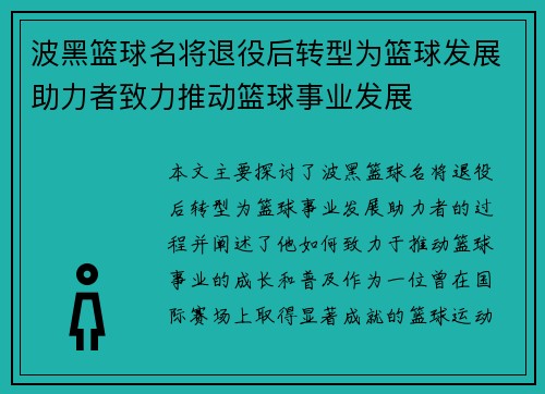 波黑篮球名将退役后转型为篮球发展助力者致力推动篮球事业发展