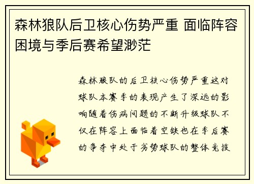 森林狼队后卫核心伤势严重 面临阵容困境与季后赛希望渺茫