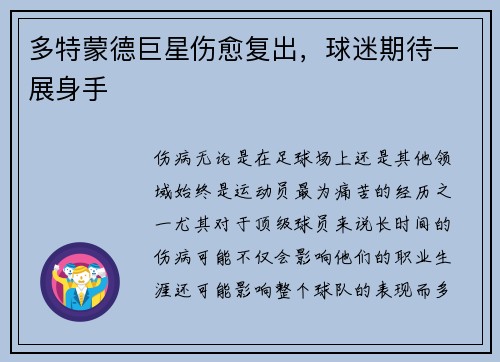 多特蒙德巨星伤愈复出，球迷期待一展身手