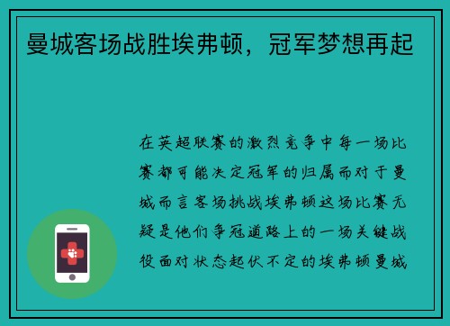 曼城客场战胜埃弗顿，冠军梦想再起