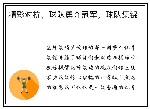 精彩对抗，球队勇夺冠军，球队集锦