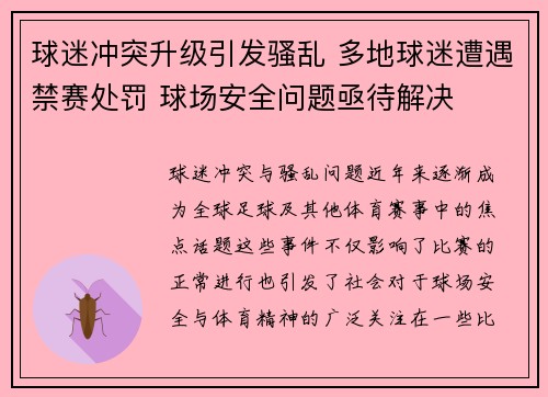 球迷冲突升级引发骚乱 多地球迷遭遇禁赛处罚 球场安全问题亟待解决